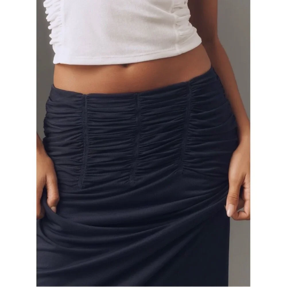 Maeve Anthropologie Ruched Yoke Column Maxi Skirt Size 2X Navy Storm